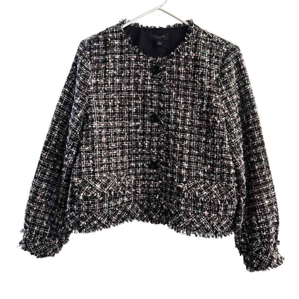 NWT Ann Taylor Metallic Black Fringe Tweed Lady Jacket LG Petite Academia Preppy